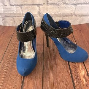 Bamboo heels. Blue Suede Uppers Black Snake Skin Design Strap and Heel. Size 7